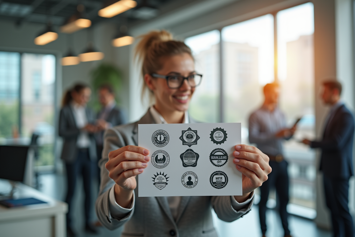 Femme d'affaires avec un produit et labels de certification