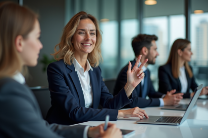 Femme d'affaires en réunion avec collègues dans une salle moderne