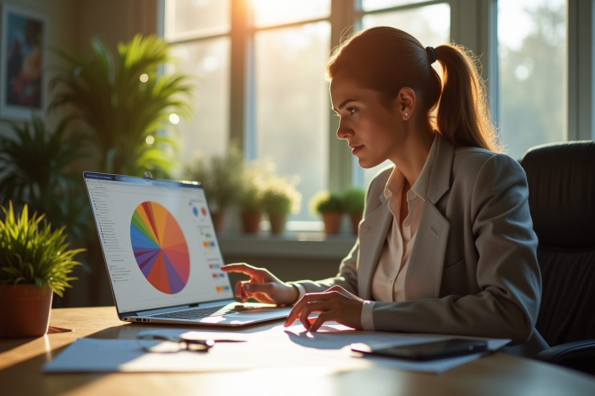 Femme d'affaires analysant un graphique à secteurs coloré