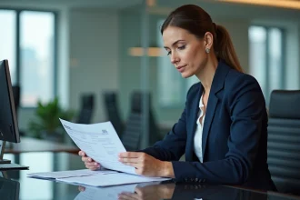 Femme d'affaires analysant des états financiers dans un bureau moderne