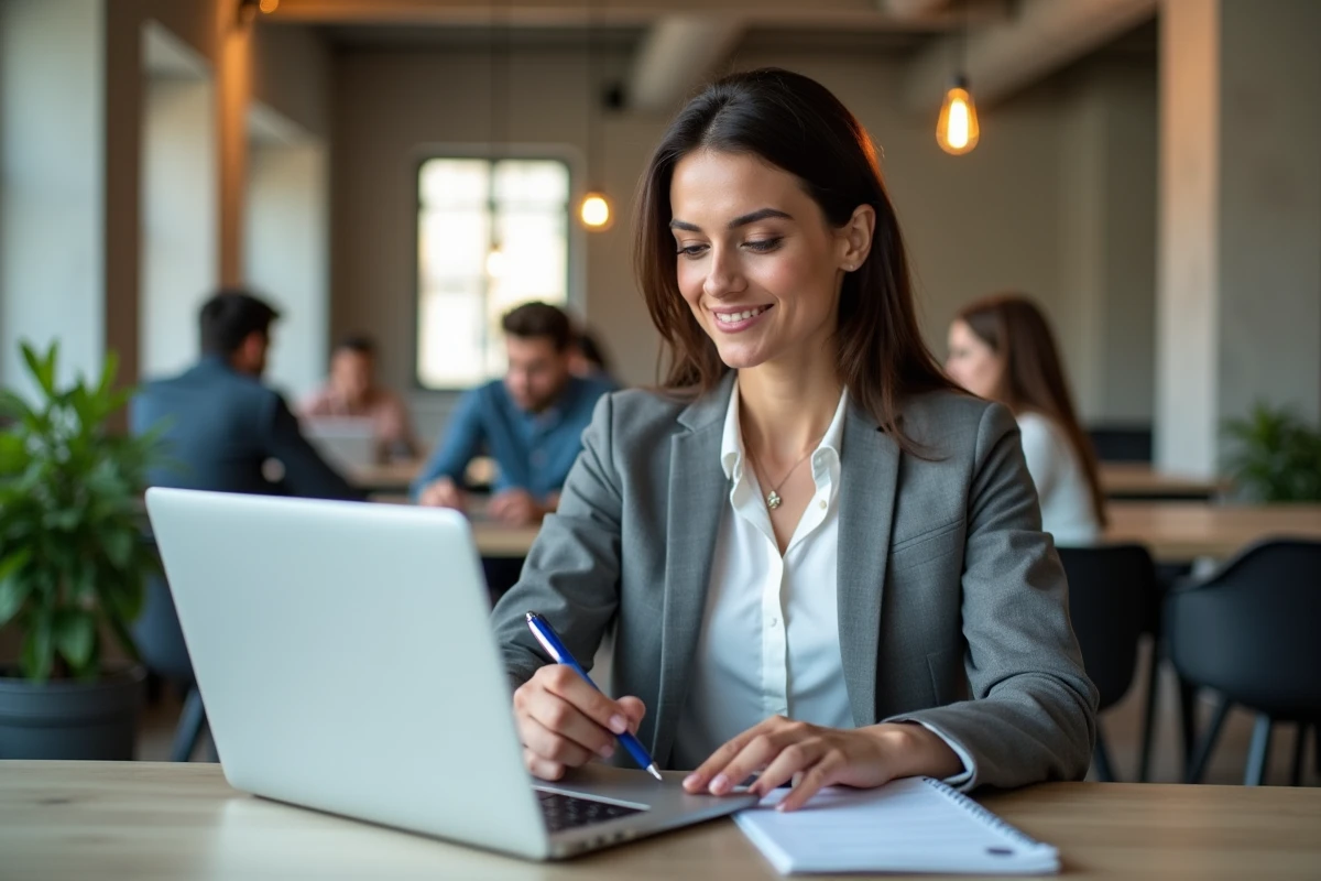 Femme d'affaires consultant le registre légal d'une entreprise sur ordinateur portable dans espace de coworking