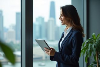 Femme d'affaires souriante avec tablette dans un bureau moderne