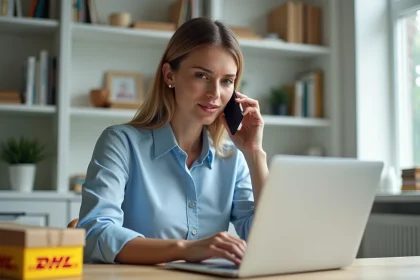 Femme professionnelle composant le num&eacute;ro du service client DHL sur son smartphone depuis son bureau &agrave; domicile