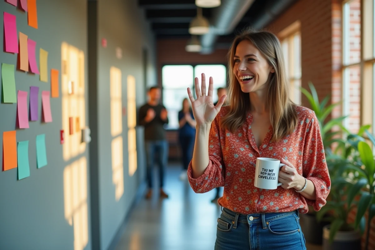Femme joyeuse saluant ses collègues avec un mug amusant