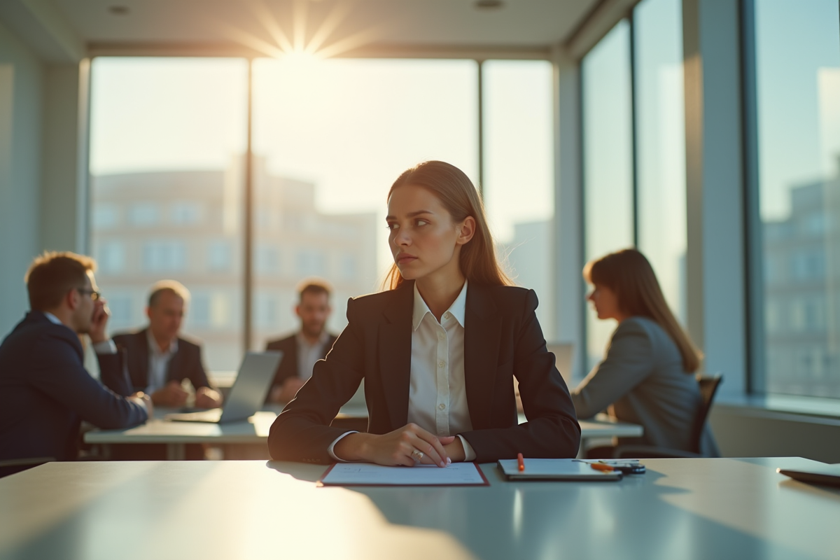Jeune femme au bureau anxieuse regardant les collègues