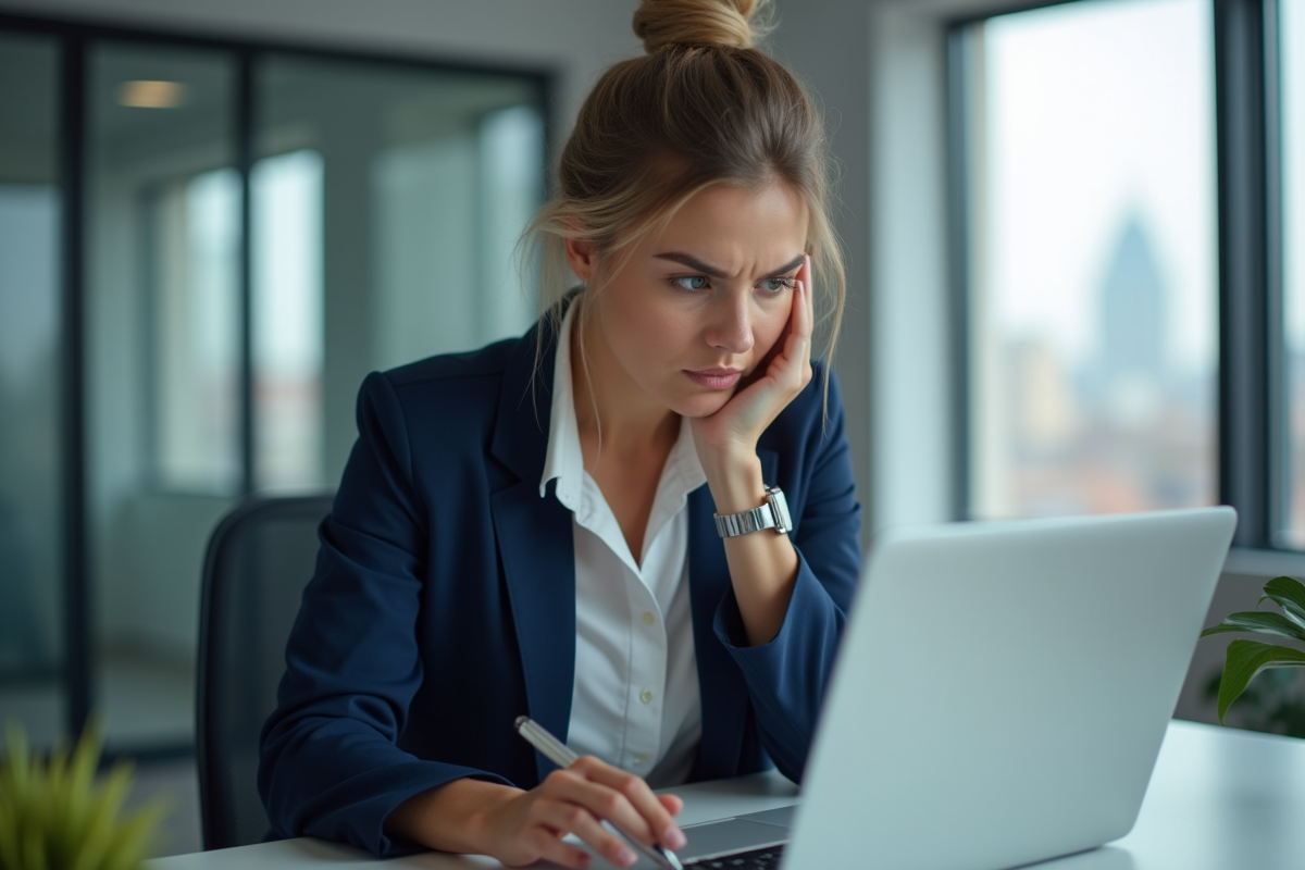 Femme d'affaires anxieuse au bureau avec ordinateur