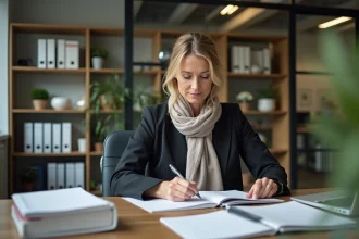 Femme d'âge moyen en blazer triant des dossiers dans un espace moderne