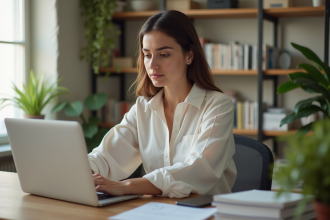 Femme concentrée travaillant sur son ordinateur dans un bureau lumineux