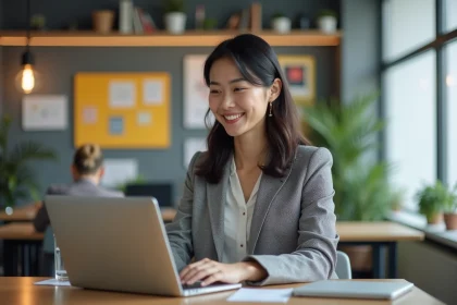Femme souriante travaillant sur un ordinateur dans un bureau moderne
