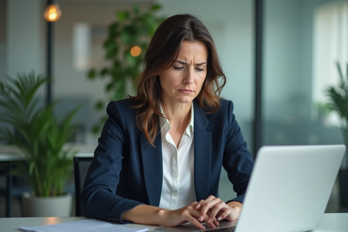 Femme d'affaires en bureau avec expression frustrée