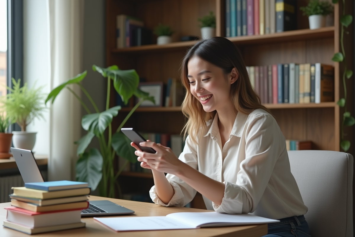 Jeune femme souriante dans un bureau à domicile moderne