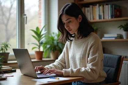 Jeune femme concentrée travaillant sur un ordinateur dans un bureau