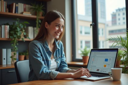 Femme souriante travaillant sur un rapport social media dans un bureau moderne
