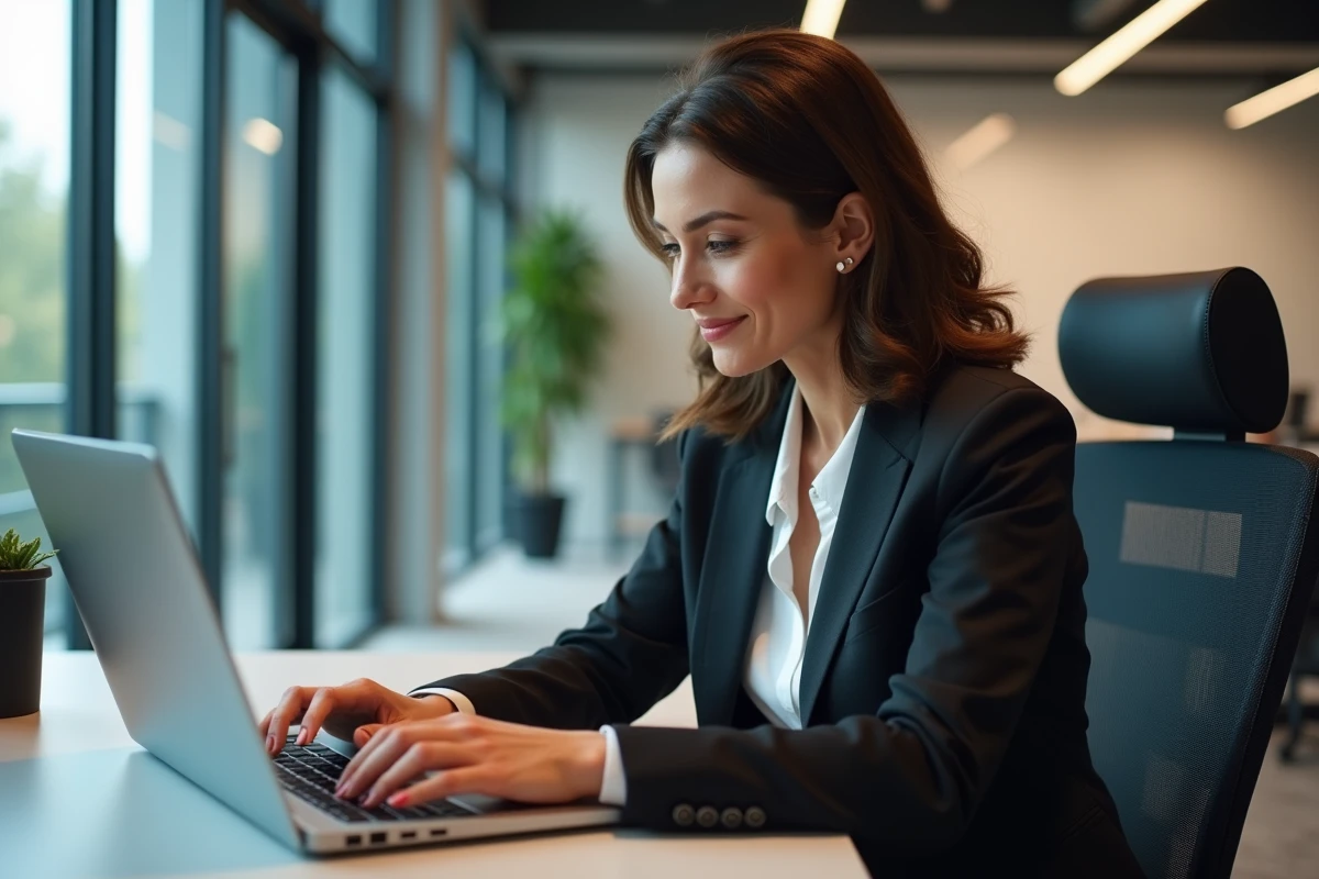 Femme d affaires au bureau utilisant un ordinateur