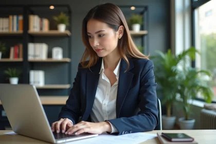 Femme en blazer navy travaillant sur son ordinateur en bureau