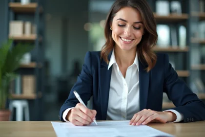 Femme d affaires en blanc et costume assise au bureau
