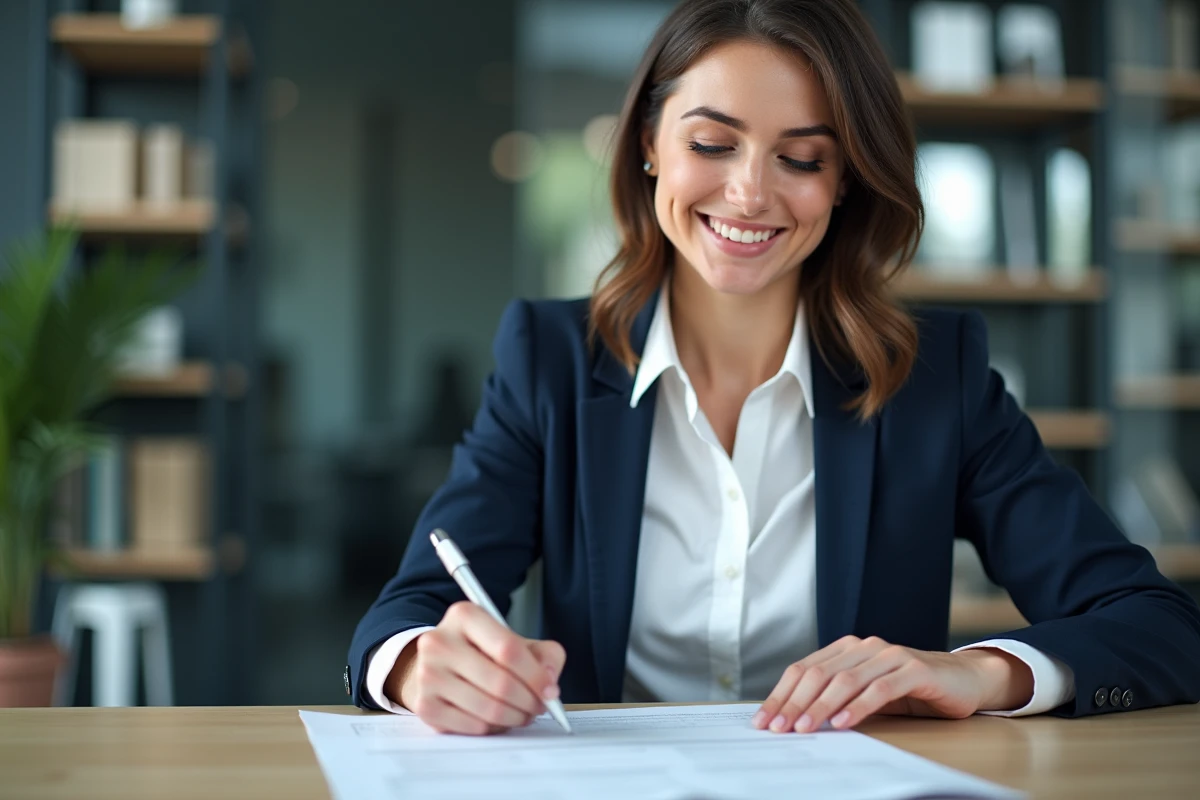 Femme d affaires en blanc et costume assise au bureau