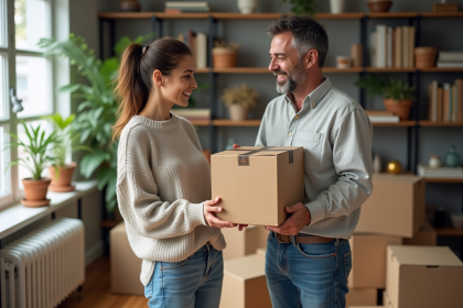 Femme souriante offrant un petit colis dans un salon cosy