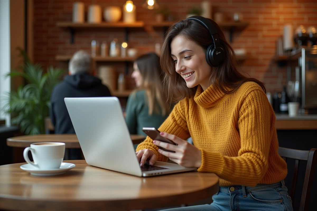 Jeune femme dans un caf&eacute; recherchant le num&eacute;ro de t&eacute;l&eacute;phone du service client DHL sur son ordinateur portable