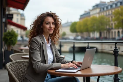 Femme travaillant au caf&eacute; avec vue sur la Seine &agrave; Paris