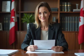 Femme canadienne en affaires examinant des documents officiels