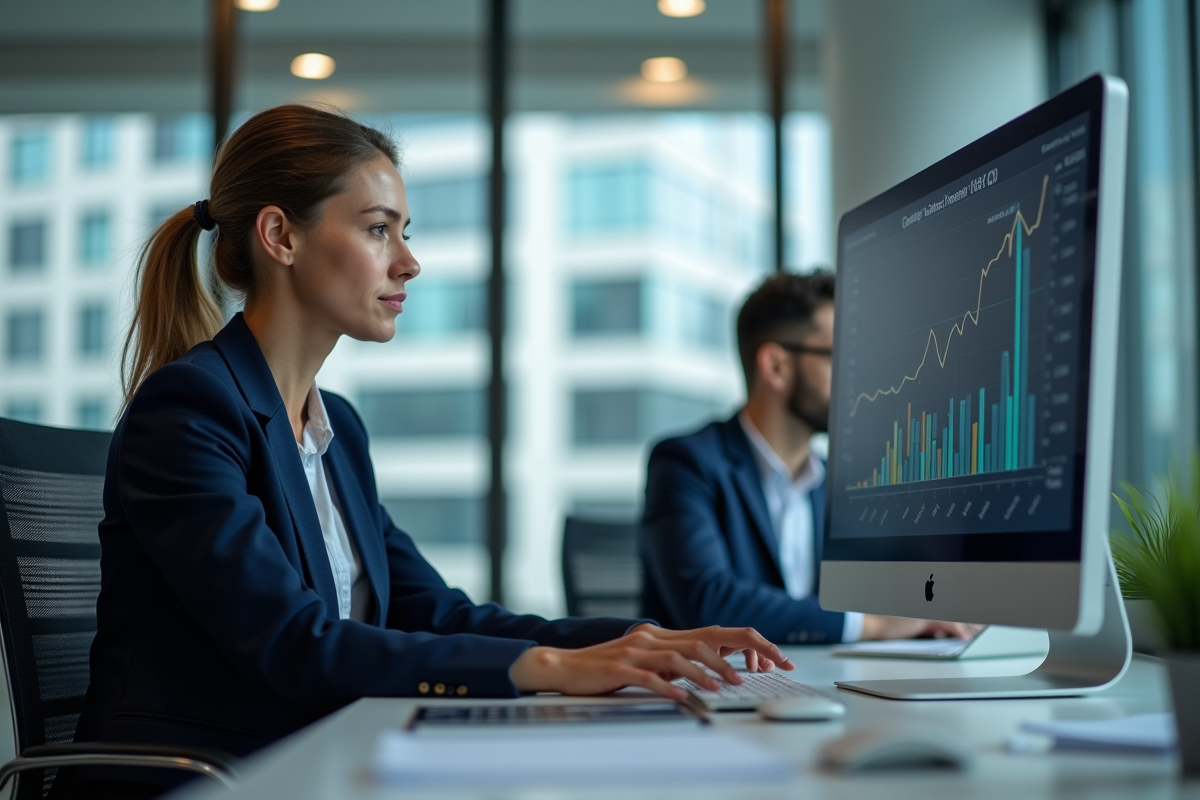 Femme compliance vérifiant tableau de bord numérique