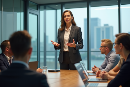 Femme confiante en réunion d'entreprise moderne