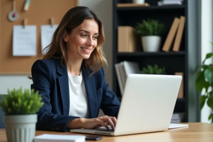 Femme confiante travaillant sur son ordinateur dans un bureau moderne