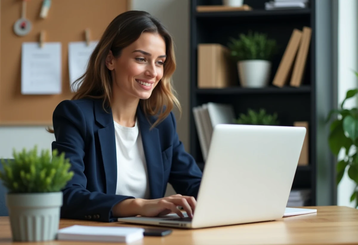 Femme confiante travaillant sur son ordinateur dans un bureau moderne