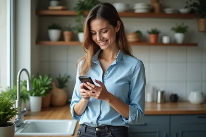 Jeune femme professionnelle utilisant son smartphone dans la cuisine