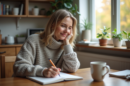 Femme d'âge moyen écrivant dans un carnet en cuisine lumineuse