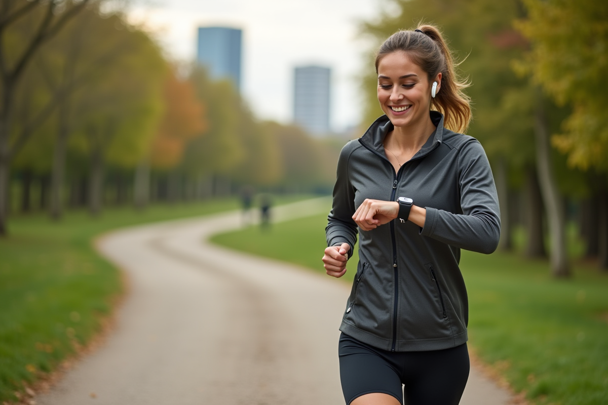 Femme courant dans un parc urbain avec smartwatch