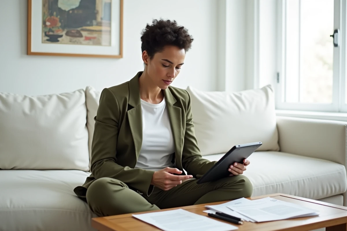 Femme créatrice de contenu lisant un article sur la monétisation numérique de Wikio sur une tablette dans un salon épuré