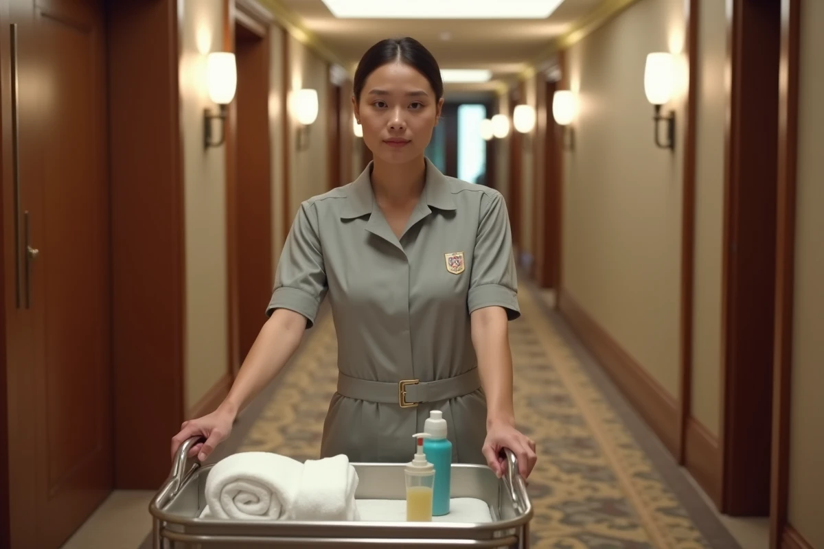 Femme de chambre en uniforme gris poussant un chariot de service dans un couloir d'hôtel, représentant les métiers et salaires de l'hôtellerie