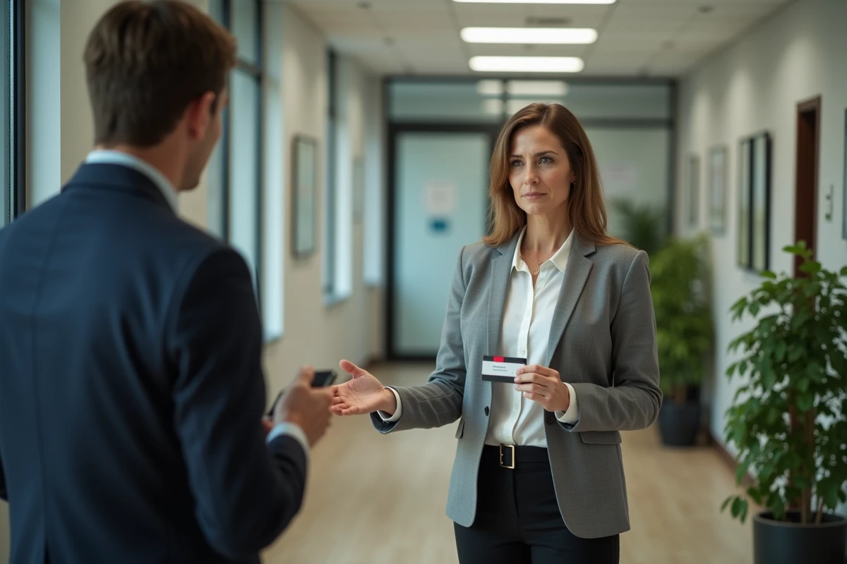 Femme d affaires remet sa badge de sécurité à un responsable RH
