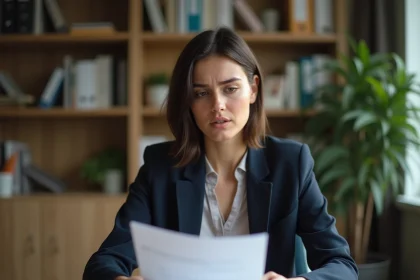 Femme consultant des documents relatifs à son indemnité de fin de CDD et ses droits au chômage à son bureau à domicile