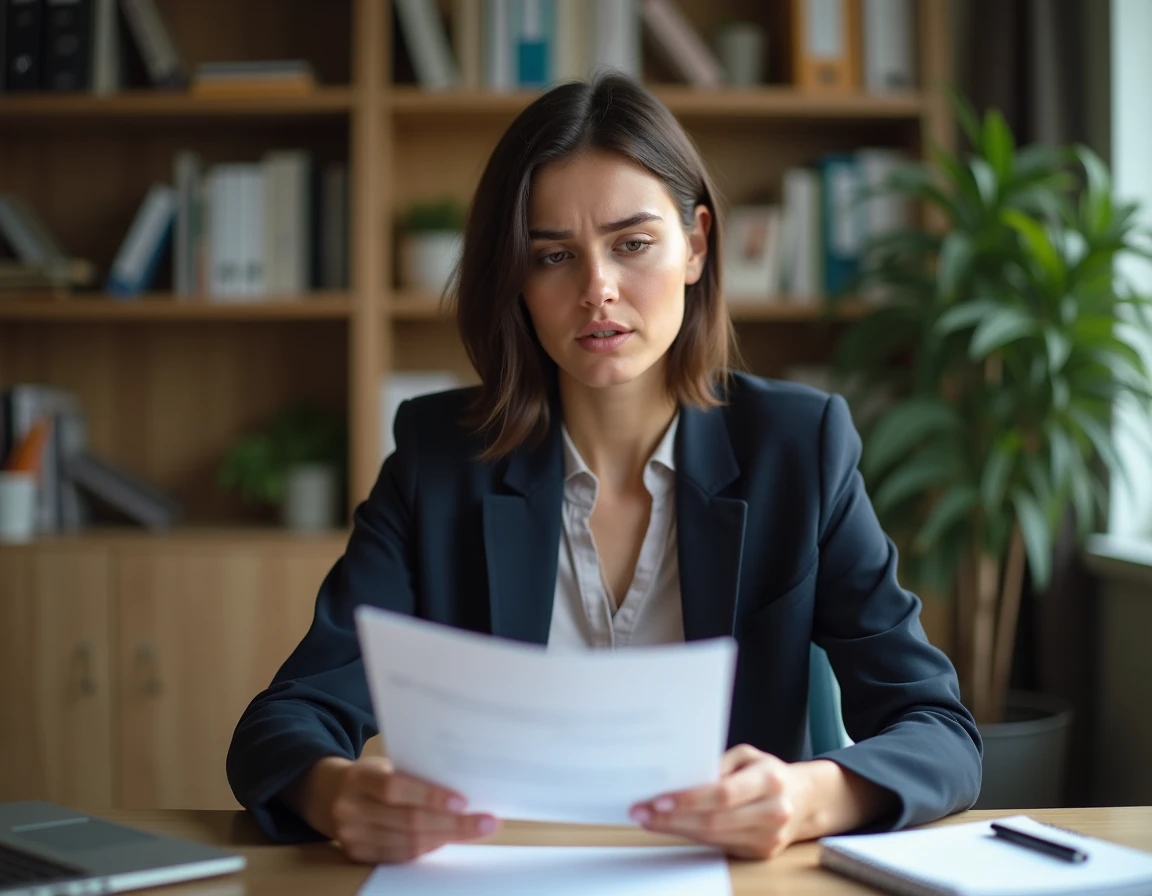 Femme consultant des documents relatifs à son indemnité de fin de CDD et ses droits au chômage à son bureau à domicile