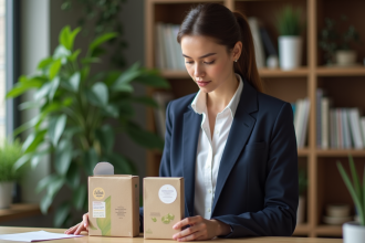 Femme en costume vérifiant des emballages ecolabels au bureau