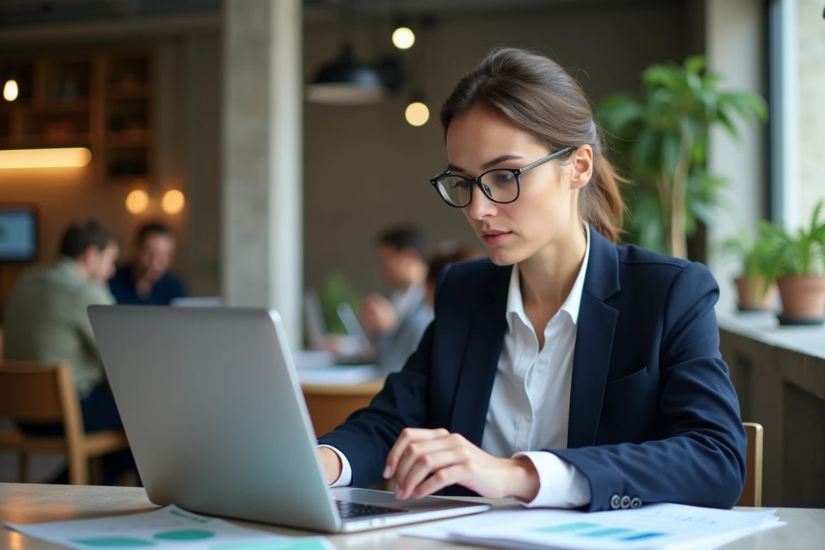 Jeune femme entrepreneure française analysant des données PME sur son ordinateur portable dans un espace de coworking moderne à Paris