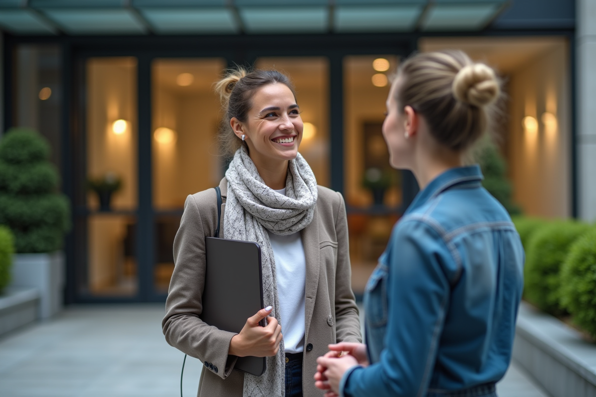 Jeune femme souriante devant un bâtiment moderne