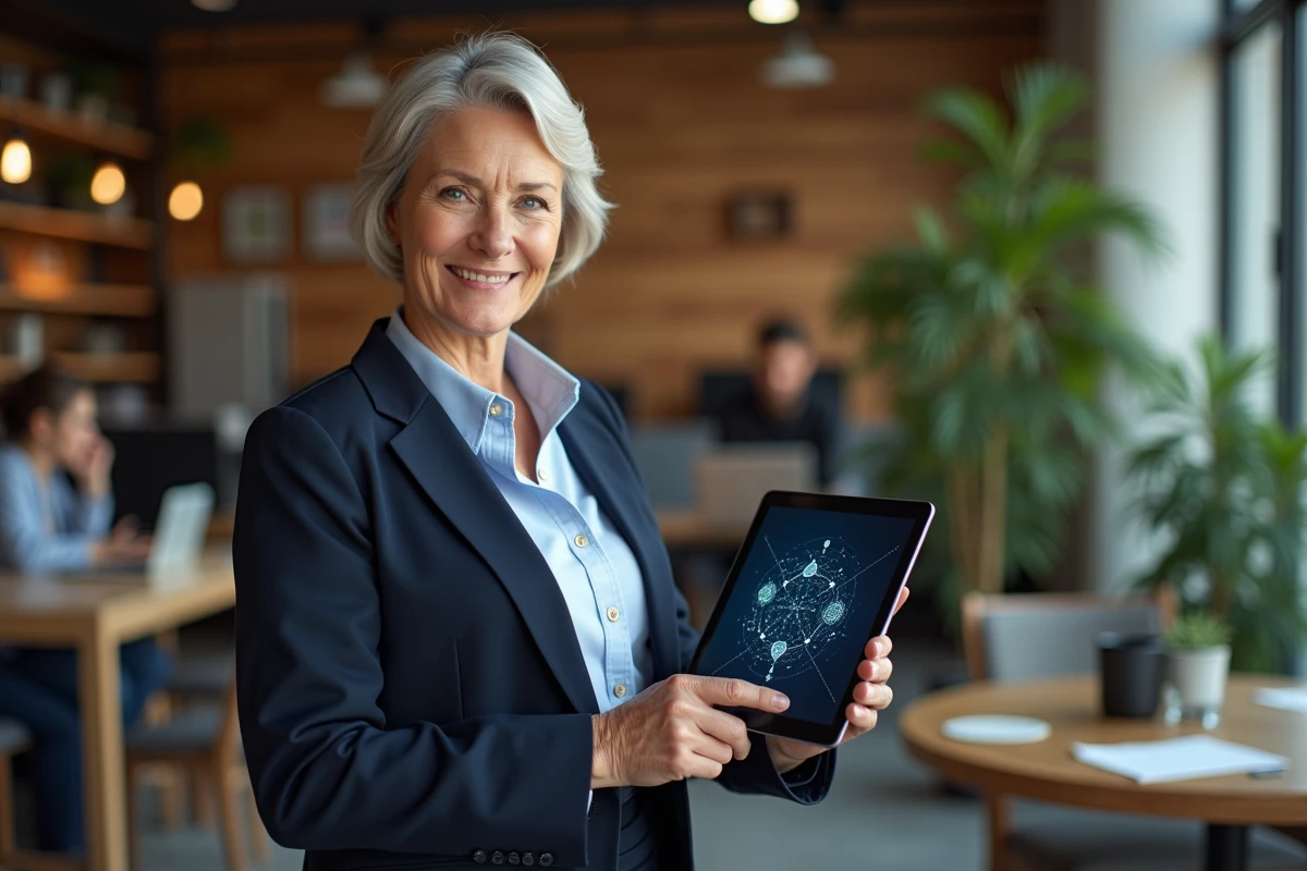 Femme cadre avec tablette dans un espace de coworking