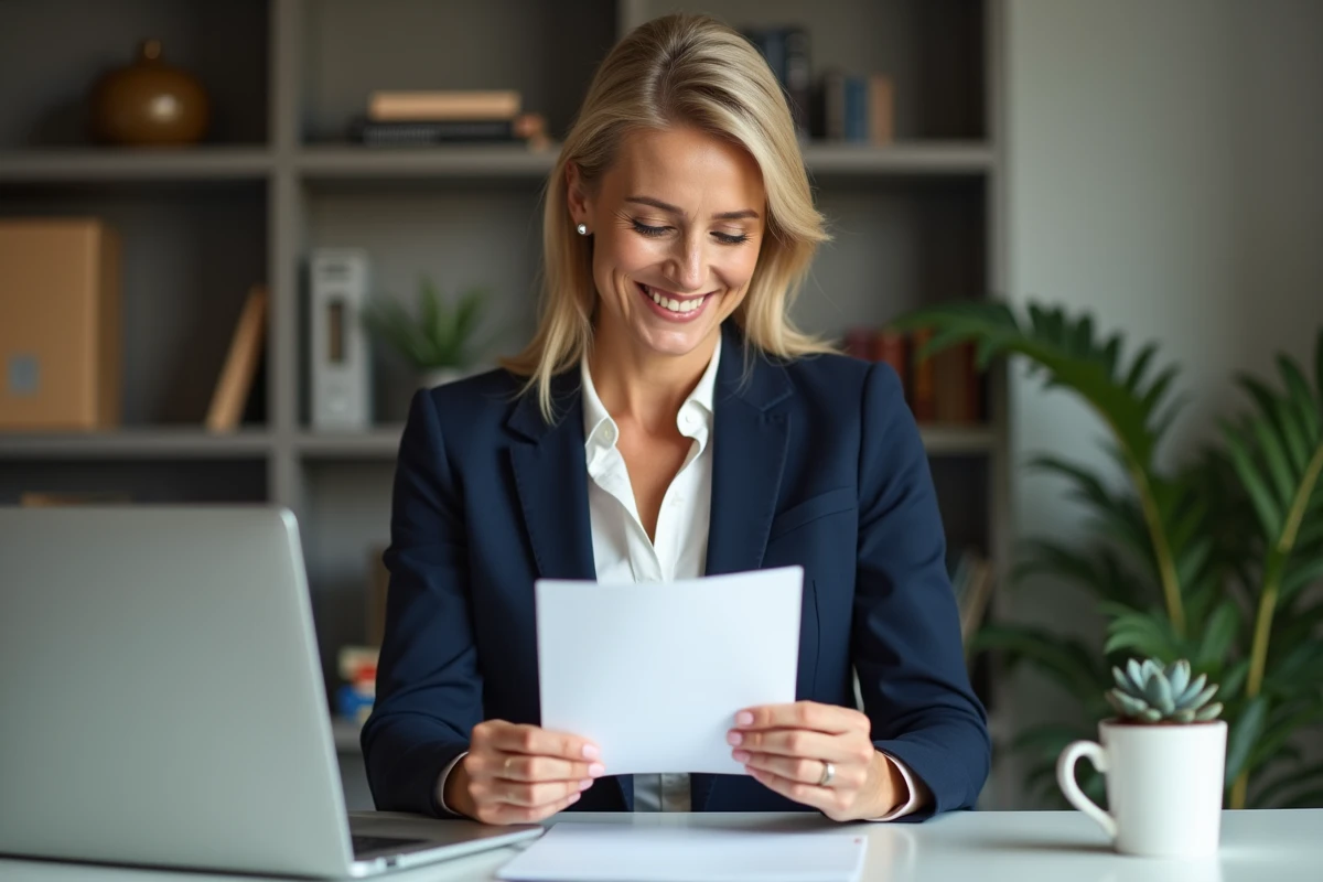 Femme cadre en entreprise lisant un message de départ émouvant à son bureau, expression sincère et bienveillante