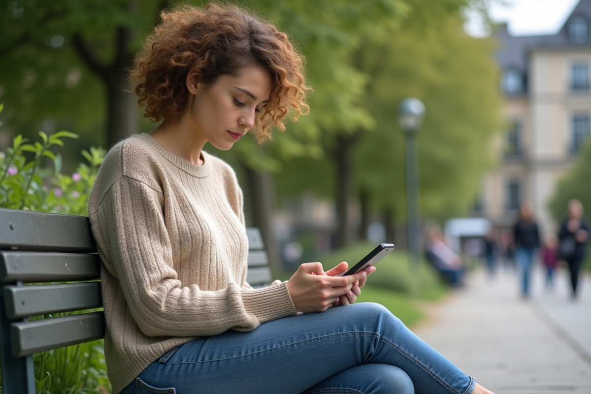 Jeune femme lisant un smartphone sur un banc de parc