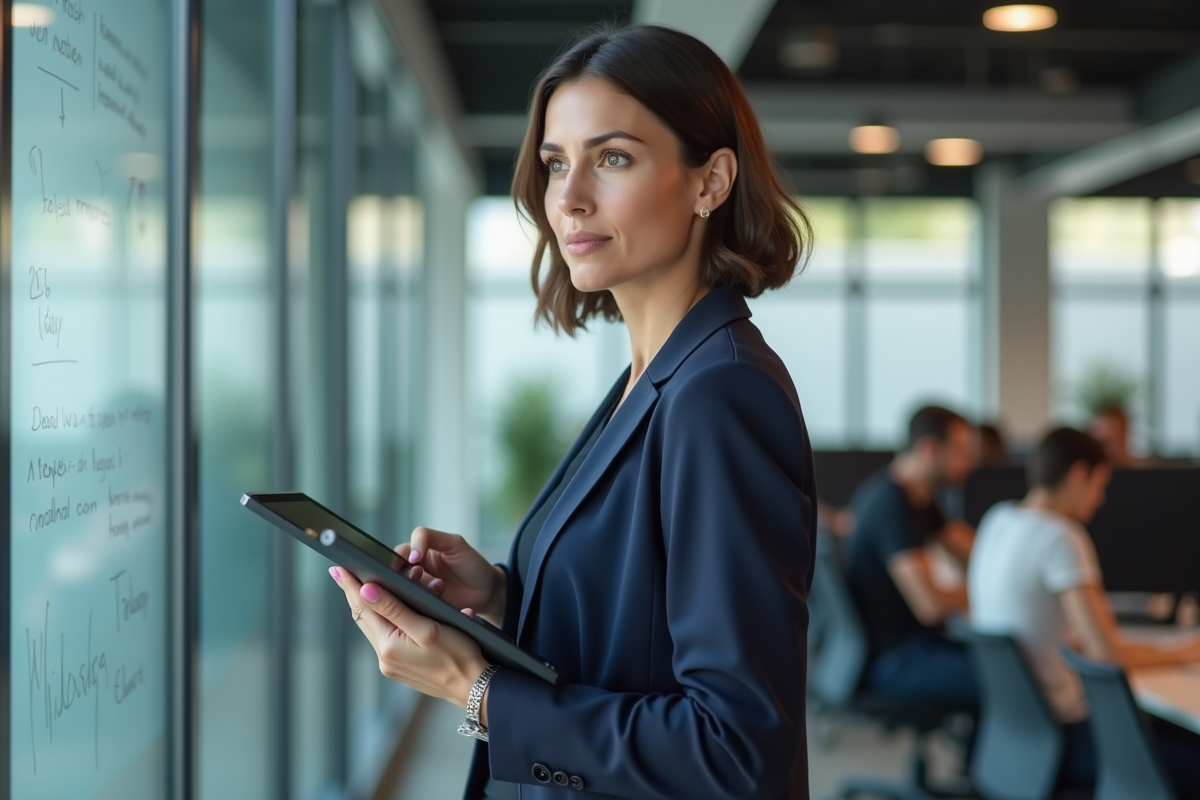 Manager femme en réunion avec tablette et tableau blanc