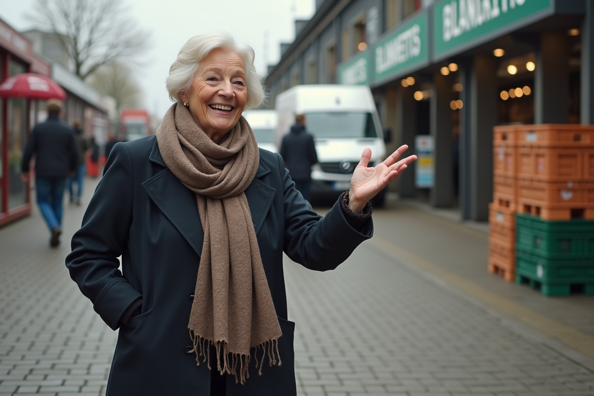 Femme âgée souriante devant le marché de Rungis