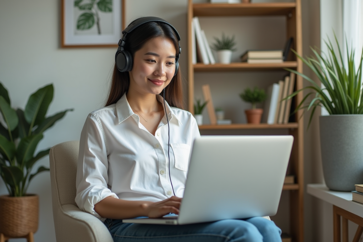 Jeune femme en visioconference dans son bureau