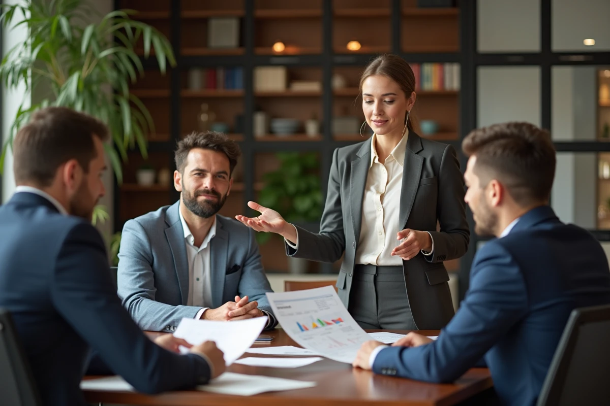 Femme confiante montrant des graphiques financiers à des banquiers