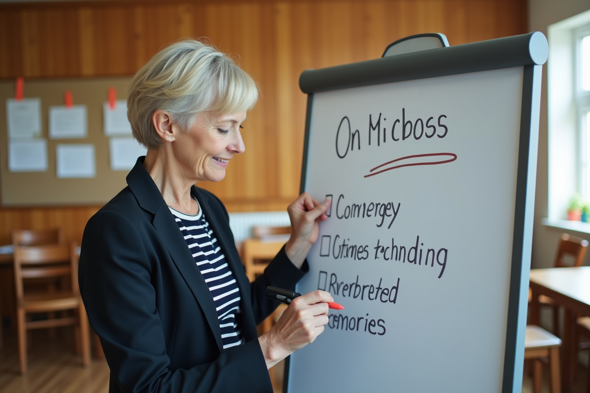Femme écrivant des règles sur un flipchart dans un centre communautaire