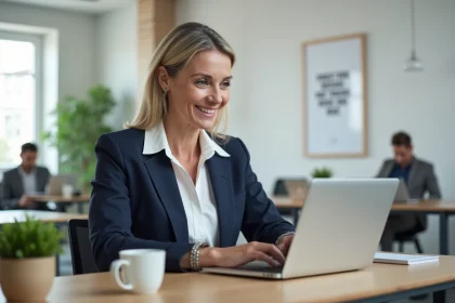 Femme professionnelle r&eacute;digeant un mail avec un proverbe sur le travail dans un bureau moderne