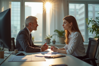 Jeune femme professionnelle au bureau avec un responsable RH